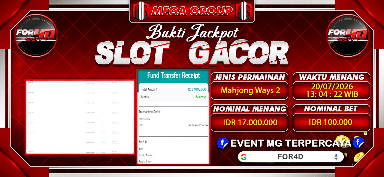 Bukti JP situs For4D hari Senin, 20 Juli 2026